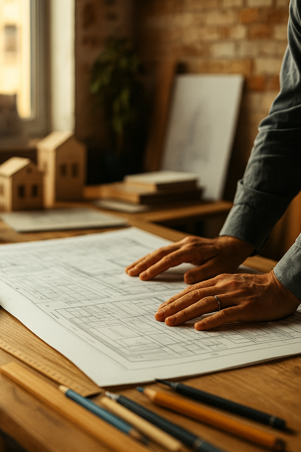 Mani che esaminano tavole di progetto su un tavolo da lavoro